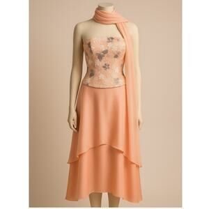 Vintage Peach Embroidered Floral 3-Piece Set Corset Skirt Scarf Size Small